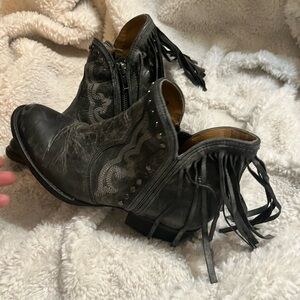 Black Ankle Boots with Fringe and Suede Texture